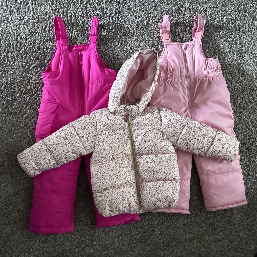 H&M Pink Floral Puffer Jacket, Carters Pink & London Fog Fuchsia Snow Bibs